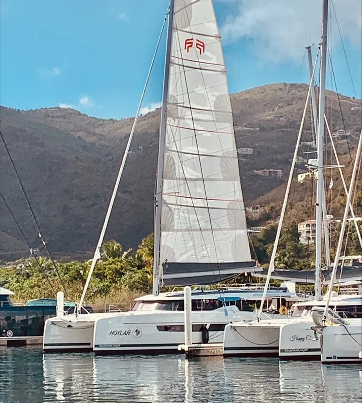 Exterior view of Hoylah, a Fountaine Pajot Aura 51 catamaran at Road Town, British Virgin Islands