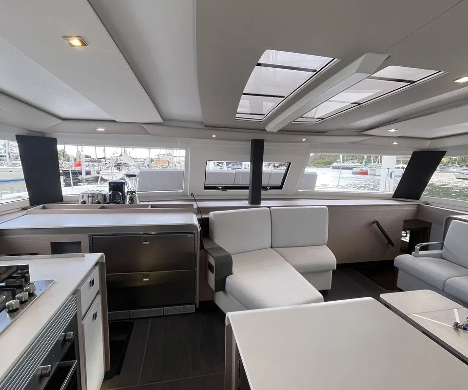 Salon of Hoylah, a Fountaine Pajot Aura 51 catamaran at Road Town, British Virgin Islands