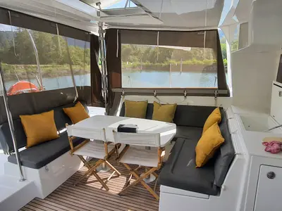 Deck of ArMarg, a Lagoon 450 Fly catamaran at Baan Salak Phet, Thailand