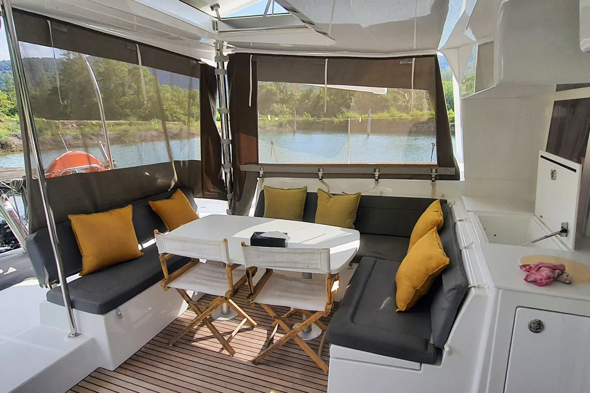 Deck of ArMarg, a Lagoon 450 Fly catamaran at Baan Salak Phet, Thailand
