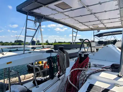 Cockpit of ArMarg, a Lagoon 450 Fly catamaran at Baan Salak Phet, Thailand