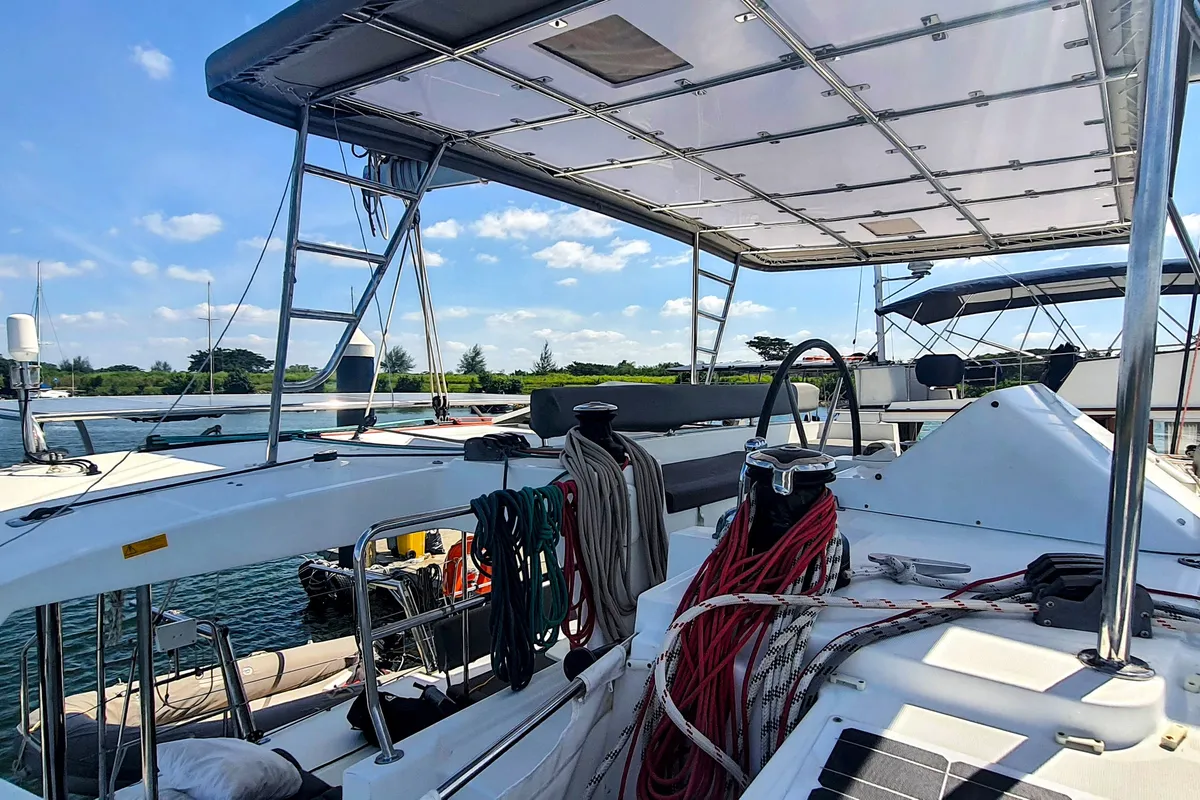 Cockpit of ArMarg, a Lagoon 450 Fly catamaran at Baan Salak Phet, Thailand