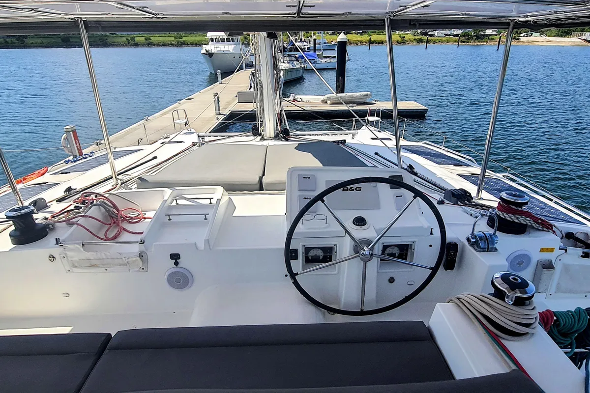 Cockpit of ArMarg, a Lagoon 450 Fly catamaran at Baan Salak Phet, Thailand