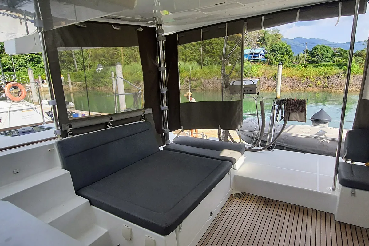 Deck of ArMarg, a Lagoon 450 Fly catamaran at Baan Salak Phet, Thailand