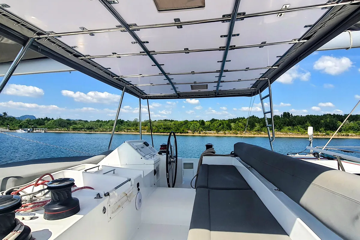 Cockpit of ArMarg, a Lagoon 450 Fly catamaran at Baan Salak Phet, Thailand
