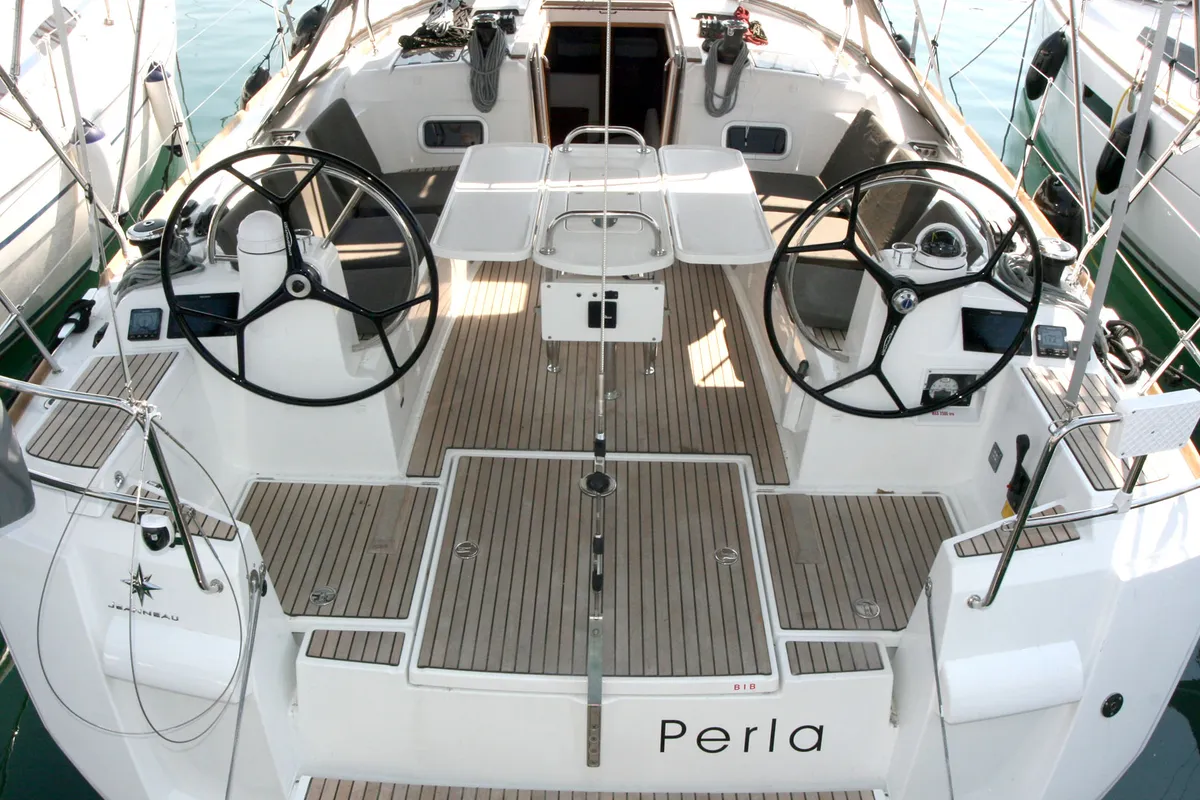 Exterior view of Perla, a Jeanneau Sun Odyssey 479 sailboat at Punat, Croatia