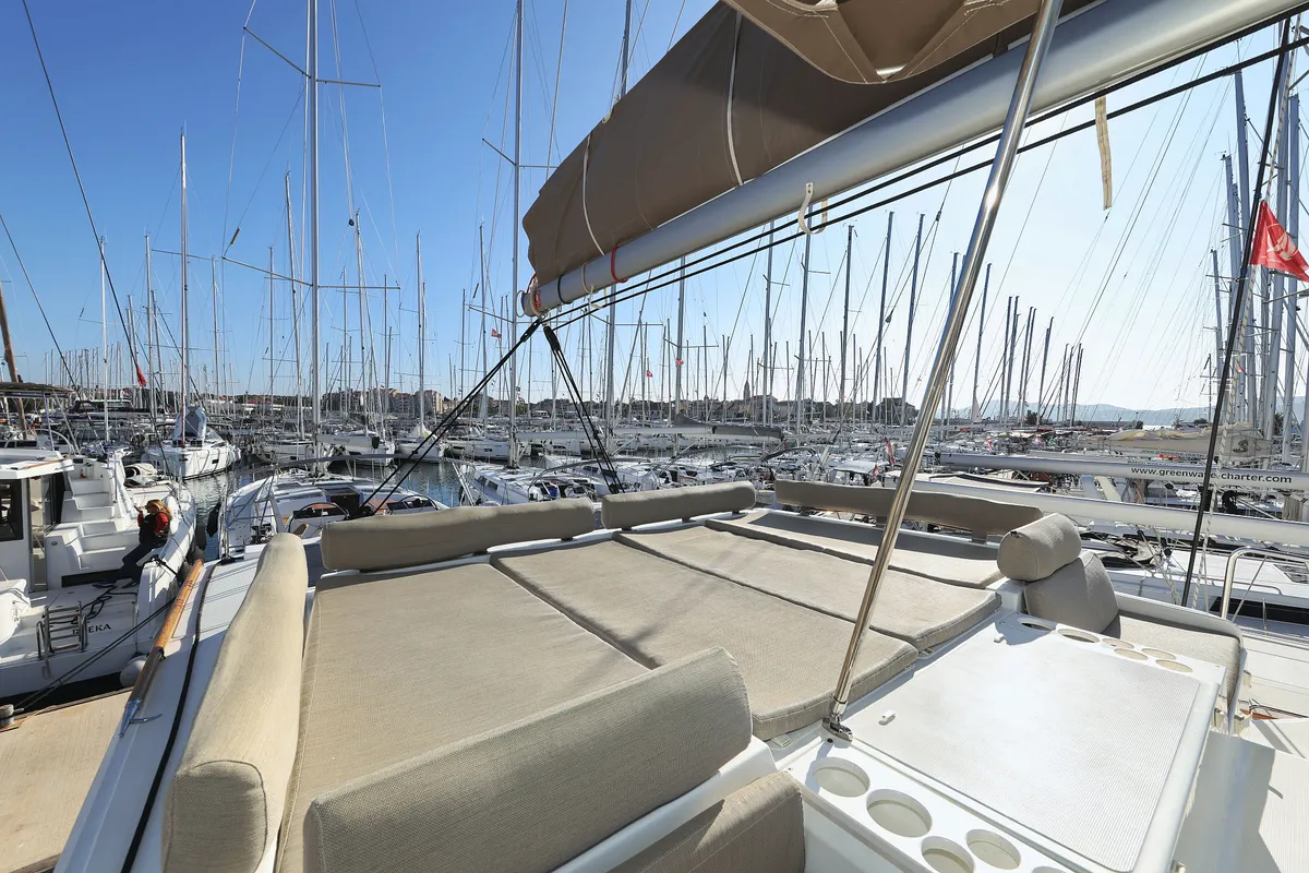Deck of Dragonfly, a Bali Catspace catamaran at Grad Biograd na Moru, Croatia