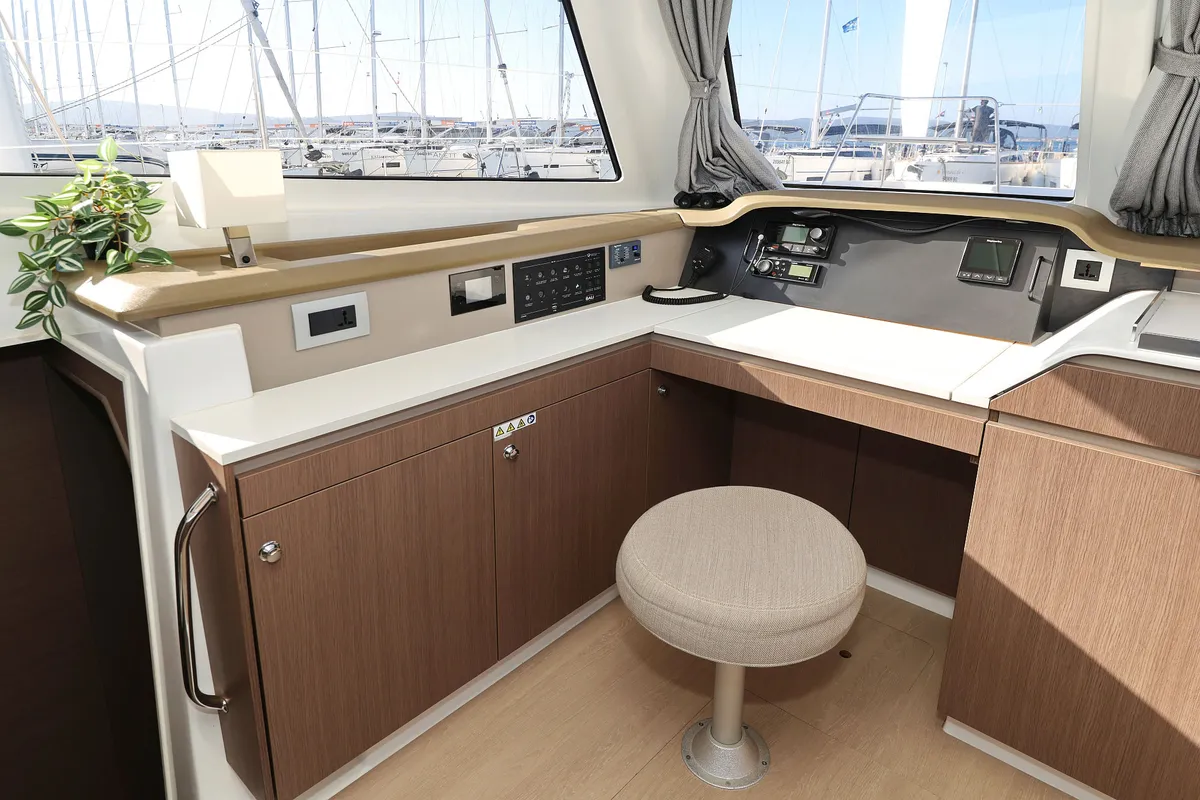 Salon of Dragonfly, a Bali Catspace catamaran at Grad Biograd na Moru, Croatia