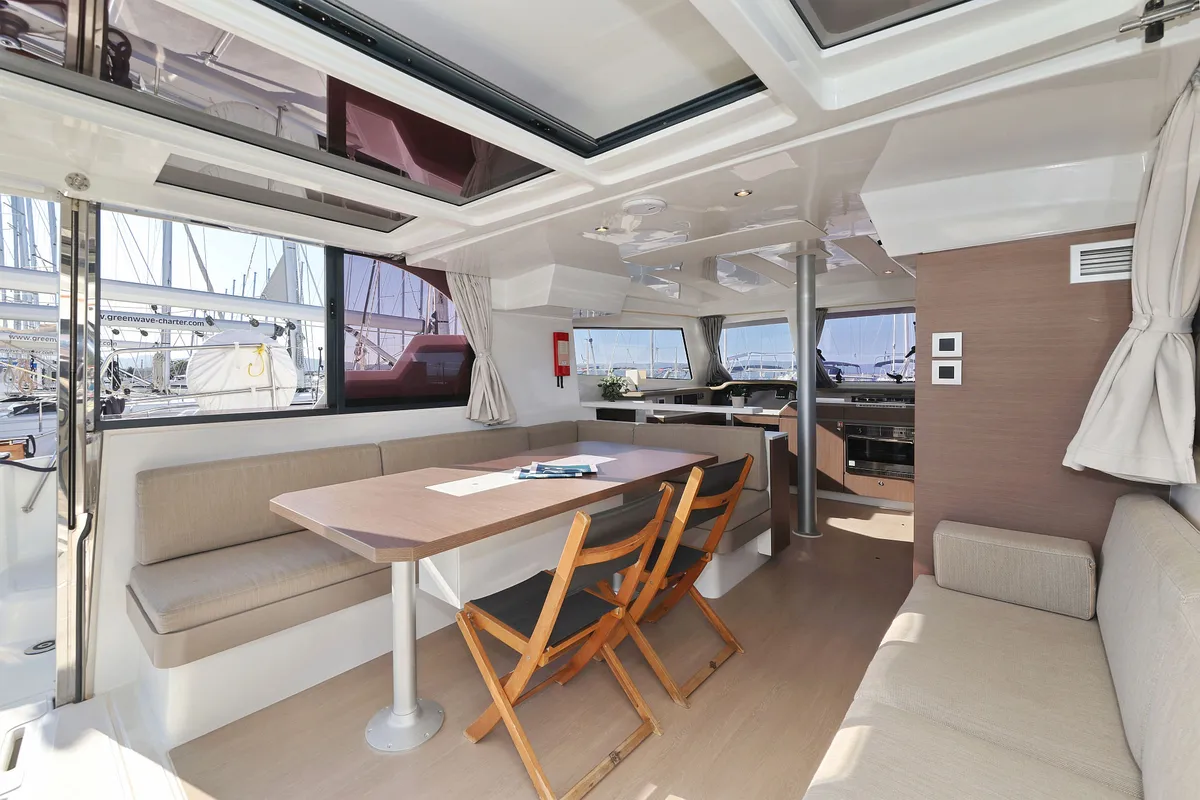 Salon of Dragonfly, a Bali Catspace catamaran at Grad Biograd na Moru, Croatia