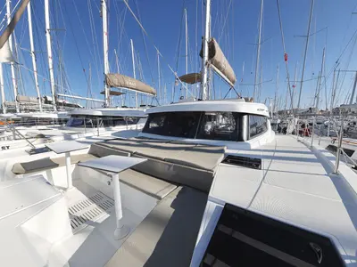 Deck of Dragonfly, a Bali Catspace catamaran at Grad Biograd na Moru, Croatia