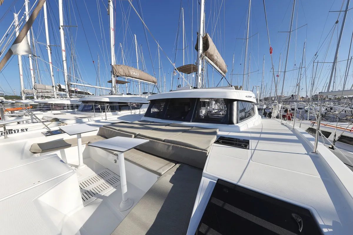 Deck of Dragonfly, a Bali Catspace catamaran at Grad Biograd na Moru, Croatia
