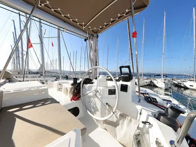 Cockpit of Dragonfly, a Bali Catspace catamaran at Grad Biograd na Moru, Croatia