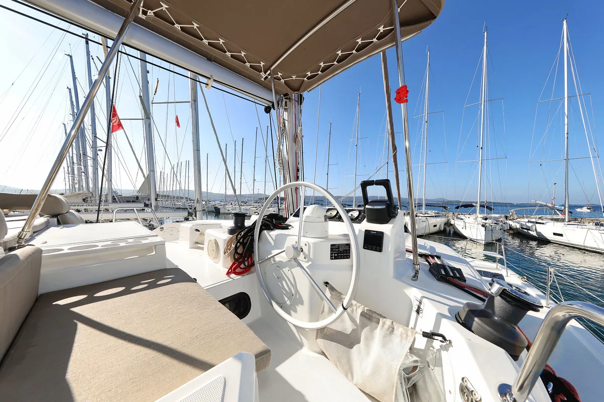 Cockpit of Dragonfly, a Bali Catspace catamaran at Grad Biograd na Moru, Croatia