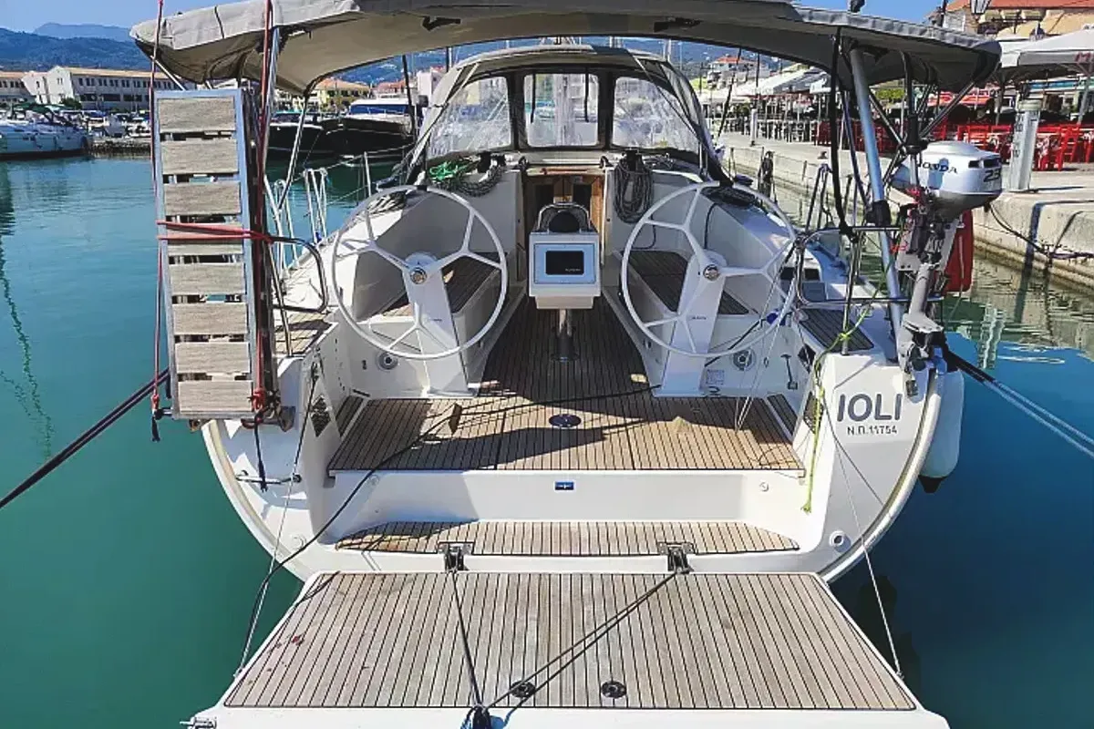 Exterior view of Ioli, a Bavaria 41 Cruiser sailboat at Municipal Unit of Lefkada, Greece
