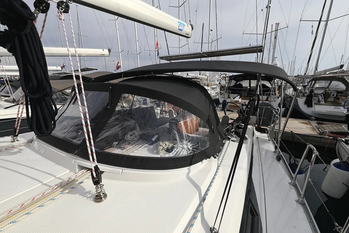 Deck of Bella III, a Bavaria Cruiser 46 sailboat at Grad Biograd na Moru, Croatia