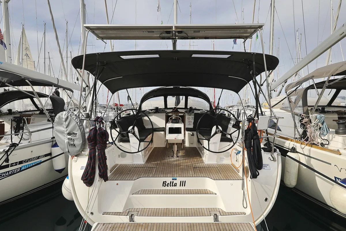 Exterior view of Bella III, a Bavaria Cruiser 46 sailboat at Grad Biograd na Moru, Croatia
