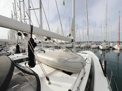 Deck of Bella III, a Bavaria Cruiser 46 sailboat at Grad Biograd na Moru, Croatia