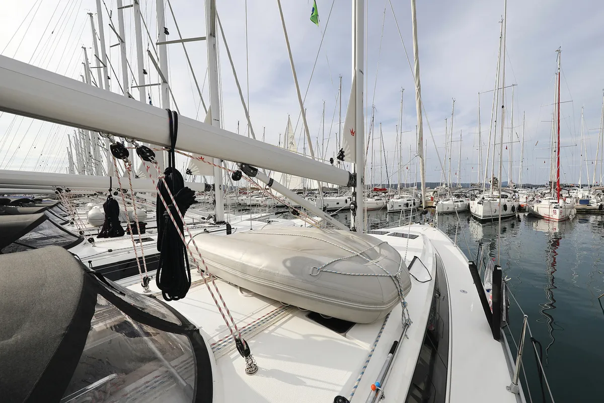 Deck of Bella III, a Bavaria Cruiser 46 sailboat at Grad Biograd na Moru, Croatia