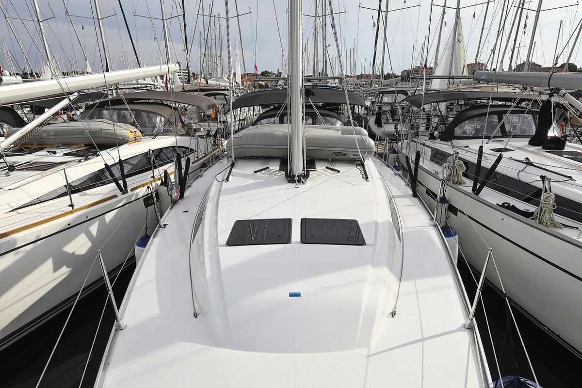 Deck of Bella III, a Bavaria Cruiser 46 sailboat at Grad Biograd na Moru, Croatia