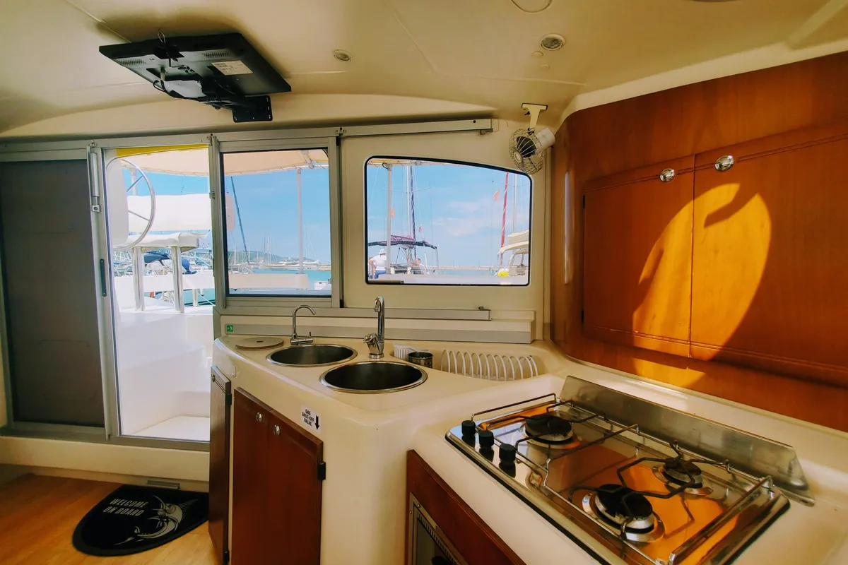Galley of Sampei, a Fountaine Pajot Lavezzi 40 catamaran at Izola, Slovenia