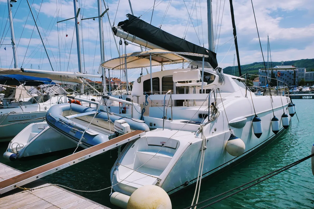 Exterior view of Sampei, a Fountaine Pajot Lavezzi 40 catamaran at Izola, Slovenia