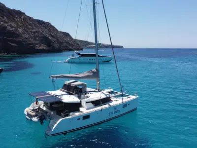 Exterior view of Gran Azul, a Lagoon 450 catamaran at Santa Eulària des Riu, Spain