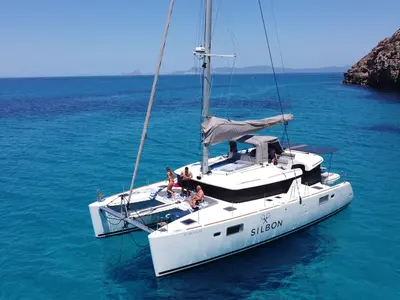 Exterior view of Gran Azul, a Lagoon 450 catamaran at Santa Eulària des Riu, Spain