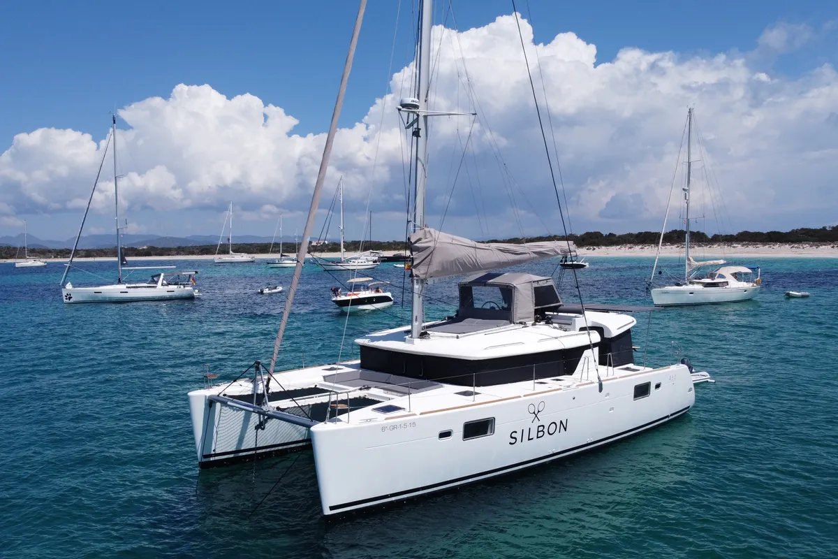 Exterior view of Gran Azul, a Lagoon 450 catamaran at Santa Eulària des Riu, Spain