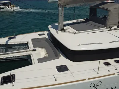 Deck of Gran Azul, a Lagoon 450 catamaran at Santa Eulària des Riu, Spain