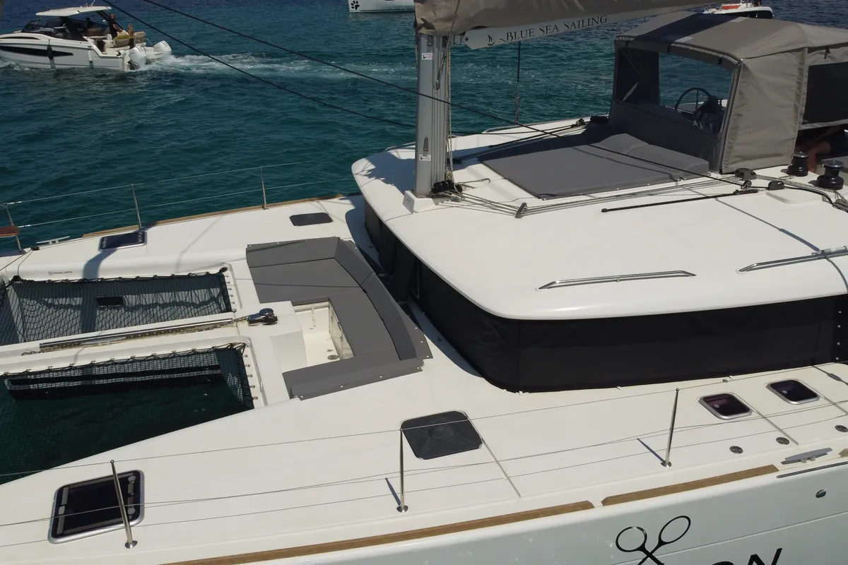 Deck of Gran Azul, a Lagoon 450 catamaran at Santa Eulària des Riu, Spain