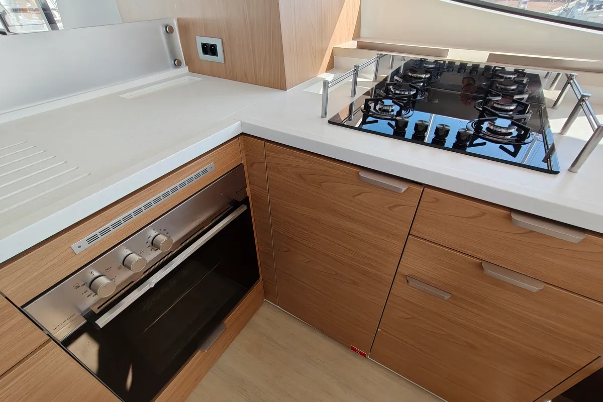 Galley of Little Emma, a Bali 4.6 catamaran at Rhodes, Greece