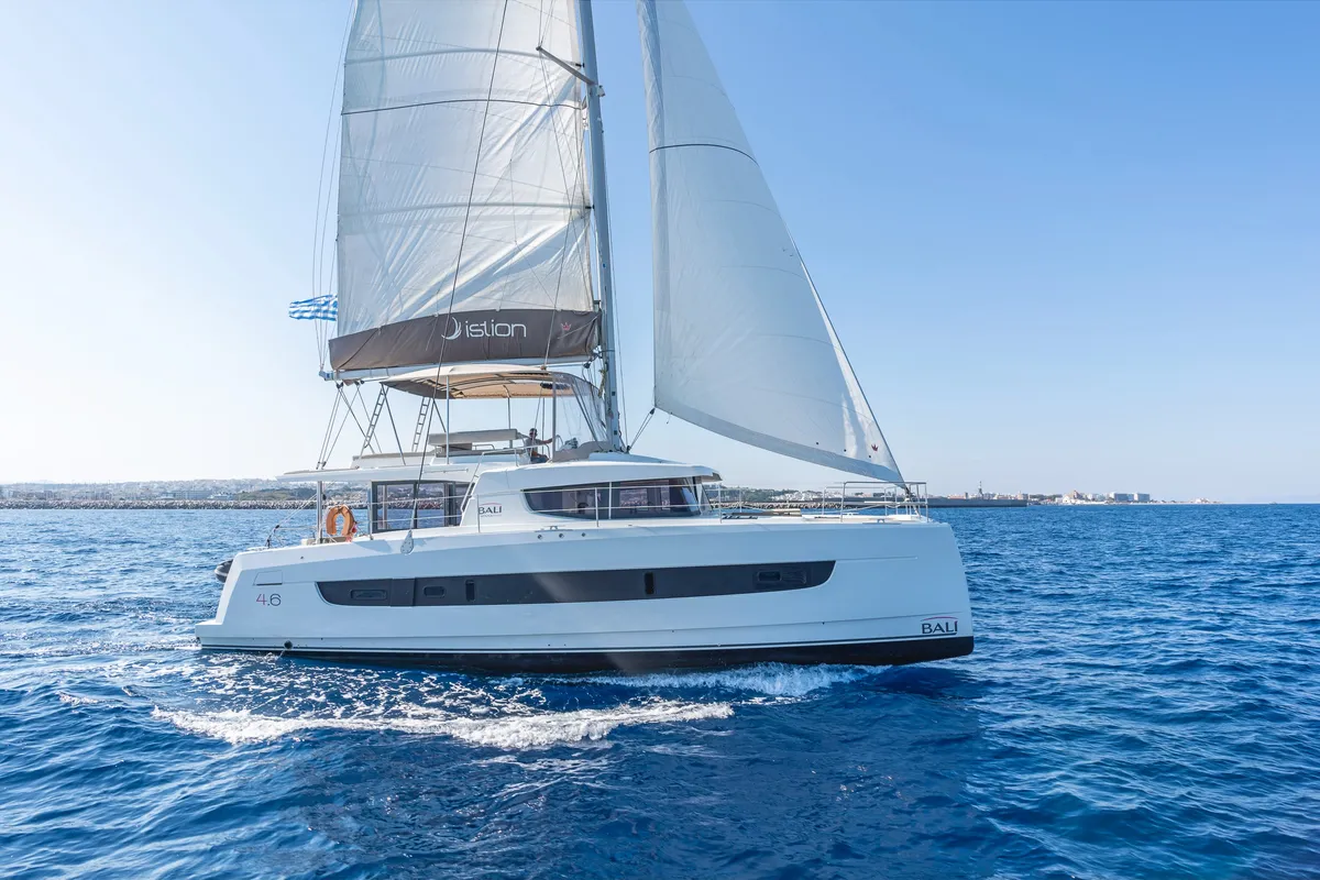 Exterior view of Little Emma, a Bali 4.6 catamaran at Rhodes, Greece