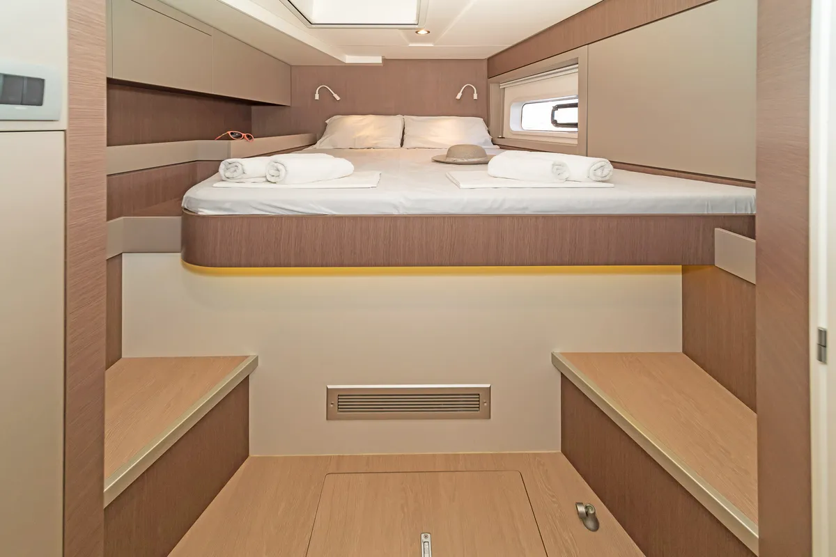 Cabin on Little Emma, a Bali 4.6 catamaran at Rhodes, Greece
