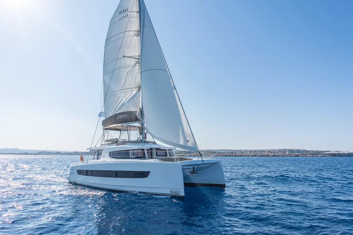 Exterior view of Little Emma, a Bali 4.6 catamaran at Rhodes, Greece