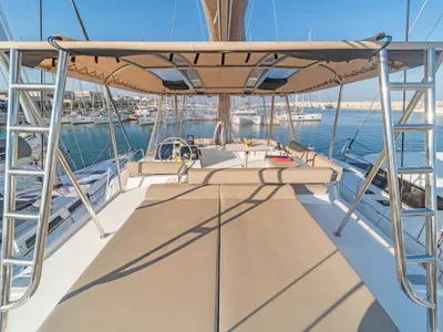 Deck of Little Emma, a Bali 4.6 catamaran at Rhodes, Greece