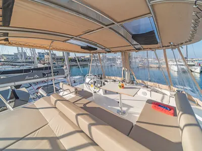 Cockpit of Little Emma, a Bali 4.6 catamaran at Rhodes, Greece