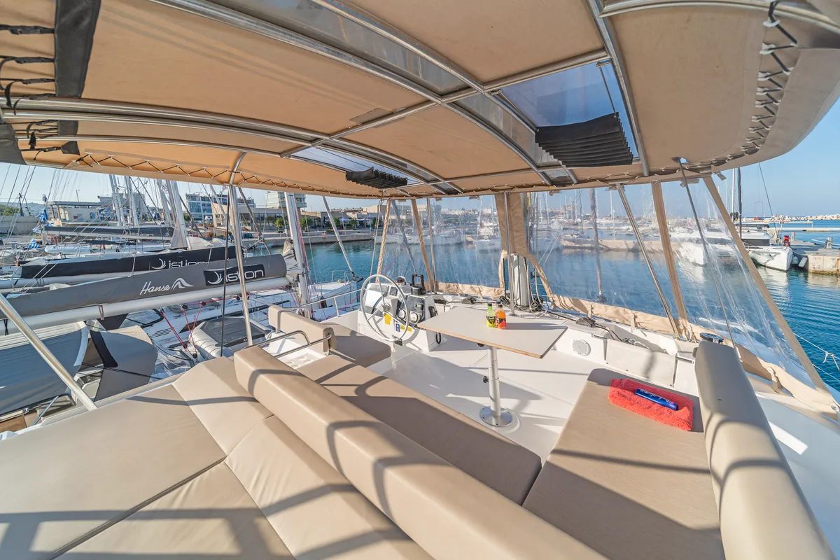 Cockpit of Little Emma, a Bali 4.6 catamaran at Rhodes, Greece