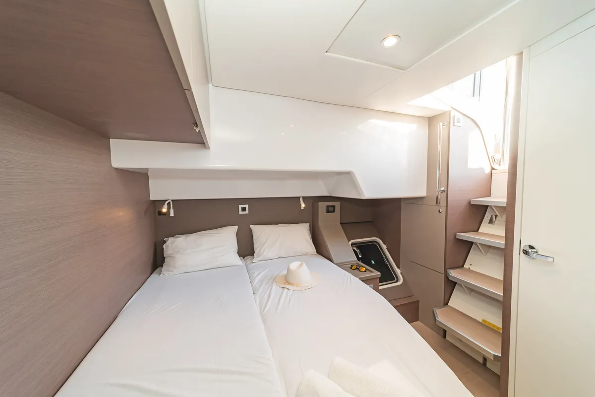 Cabin on Little Emma, a Bali 4.6 catamaran at Rhodes, Greece