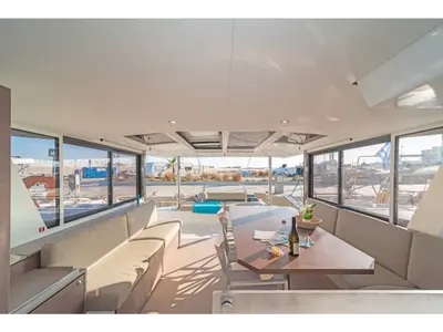 Salon of Little Emma, a Bali 4.6 catamaran at Rhodes, Greece