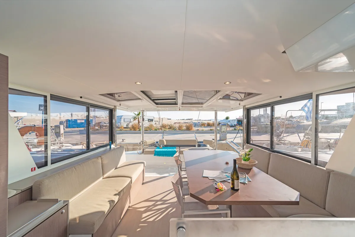 Salon of Little Emma, a Bali 4.6 catamaran at Rhodes, Greece
