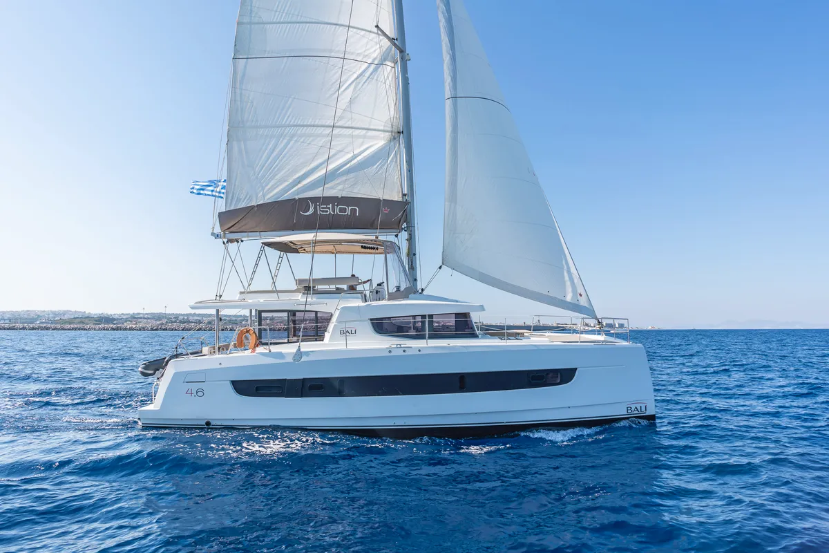 Exterior view of Little Emma, a Bali 4.6 catamaran at Rhodes, Greece