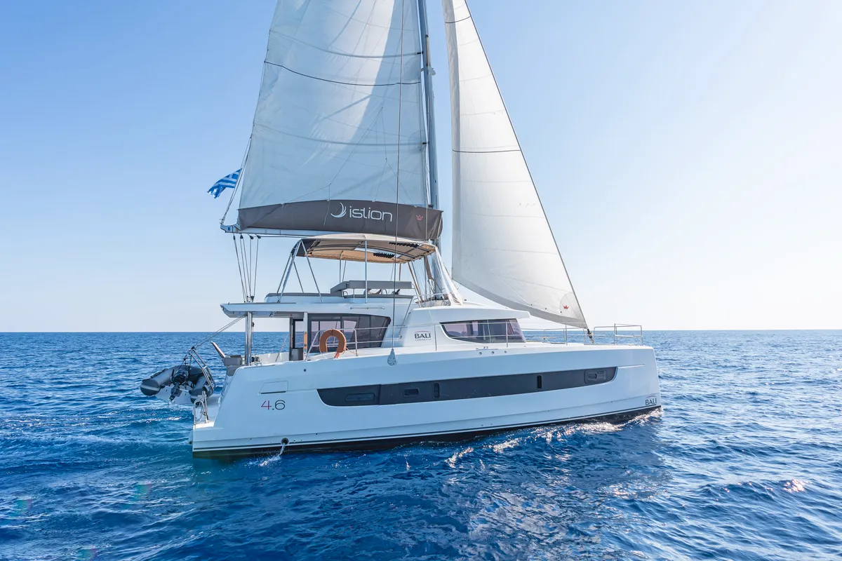 Exterior view of Little Emma, a Bali 4.6 catamaran at Rhodes, Greece