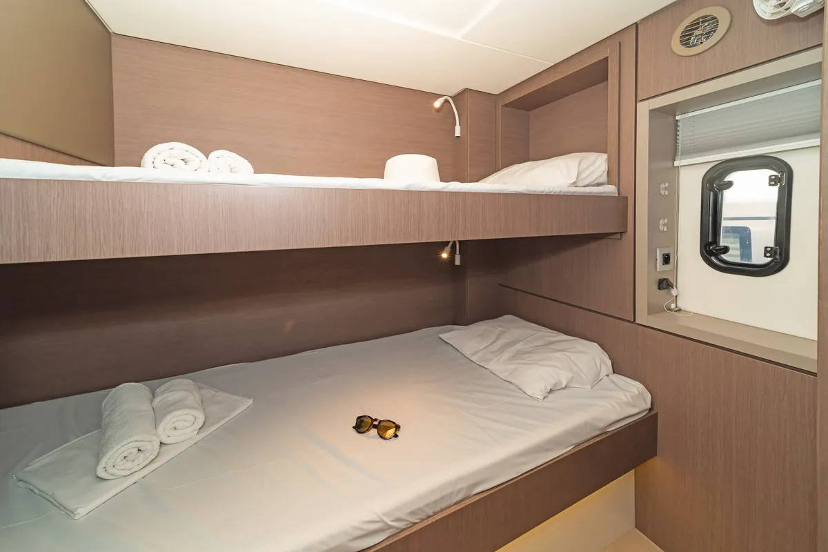 Cabin on Little Emma, a Bali 4.6 catamaran at Rhodes, Greece