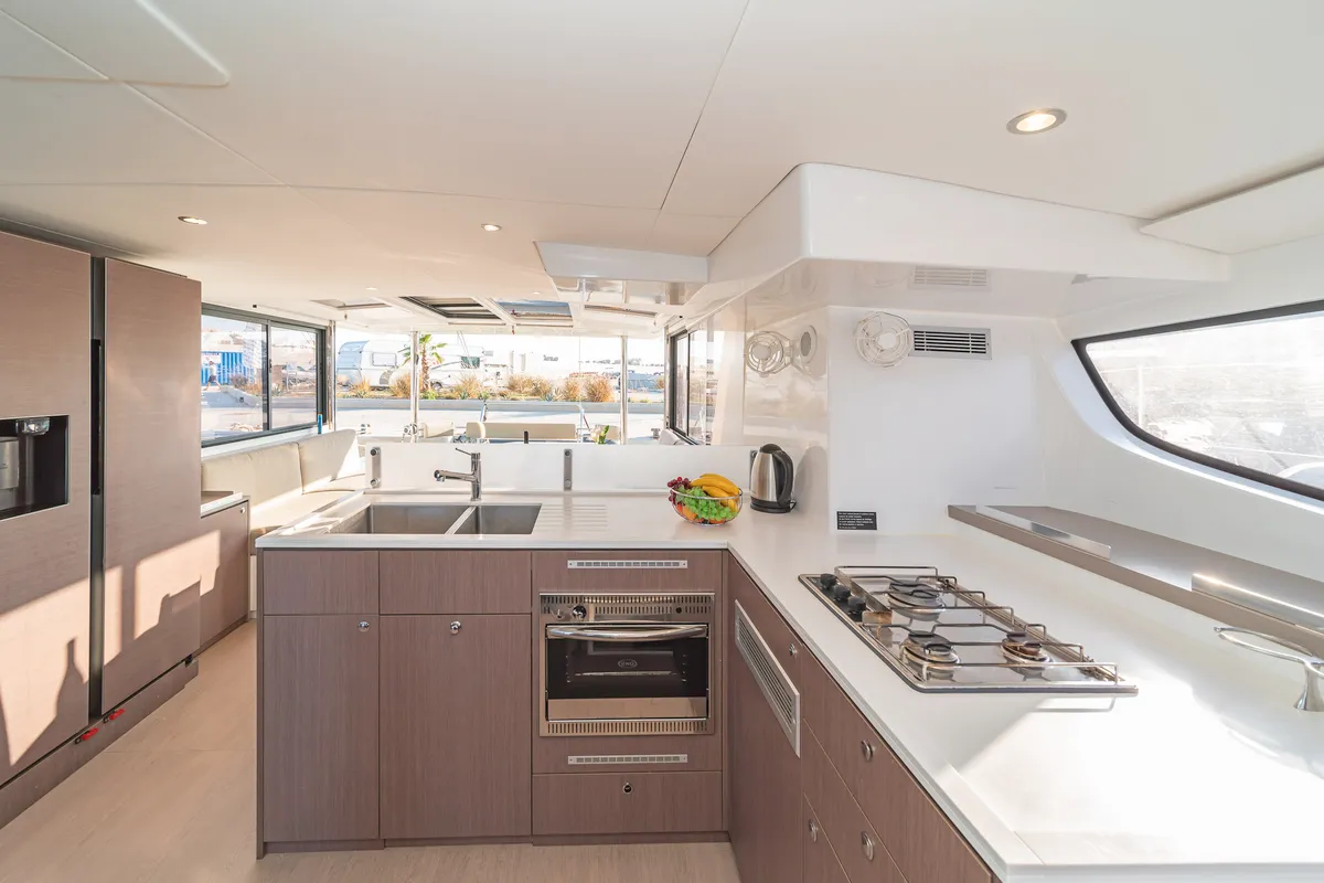 Galley of Little Emma, a Bali 4.6 catamaran at Rhodes, Greece
