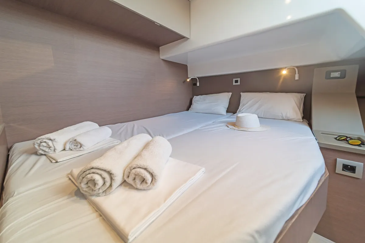 Cabin on Little Emma, a Bali 4.6 catamaran at Rhodes, Greece
