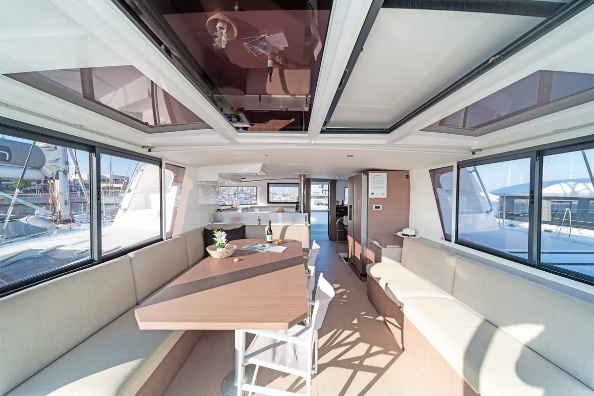 Salon of Little Emma, a Bali 4.6 catamaran at Rhodes, Greece