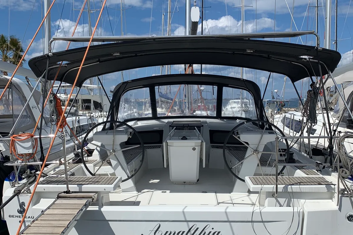 Cockpit of Amalthia, a Beneteau Oceanis 46.1 sailboat at Municipal Unit of Ellomenos, Greece