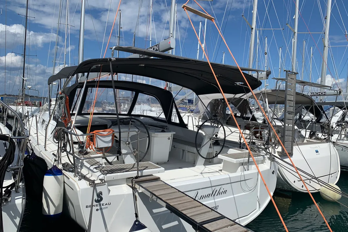 Cockpit of Amalthia, a Beneteau Oceanis 46.1 sailboat at Municipal Unit of Ellomenos, Greece