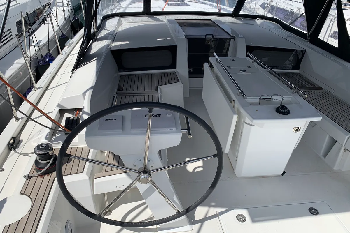Cockpit of Amalthia, a Beneteau Oceanis 46.1 sailboat at Municipal Unit of Ellomenos, Greece