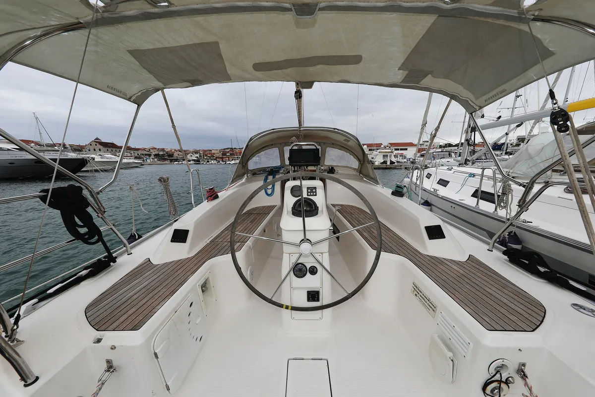 Deck of Homeoffice, a Bavaria Cruiser 33 sailboat at Grad Vodice, Croatia